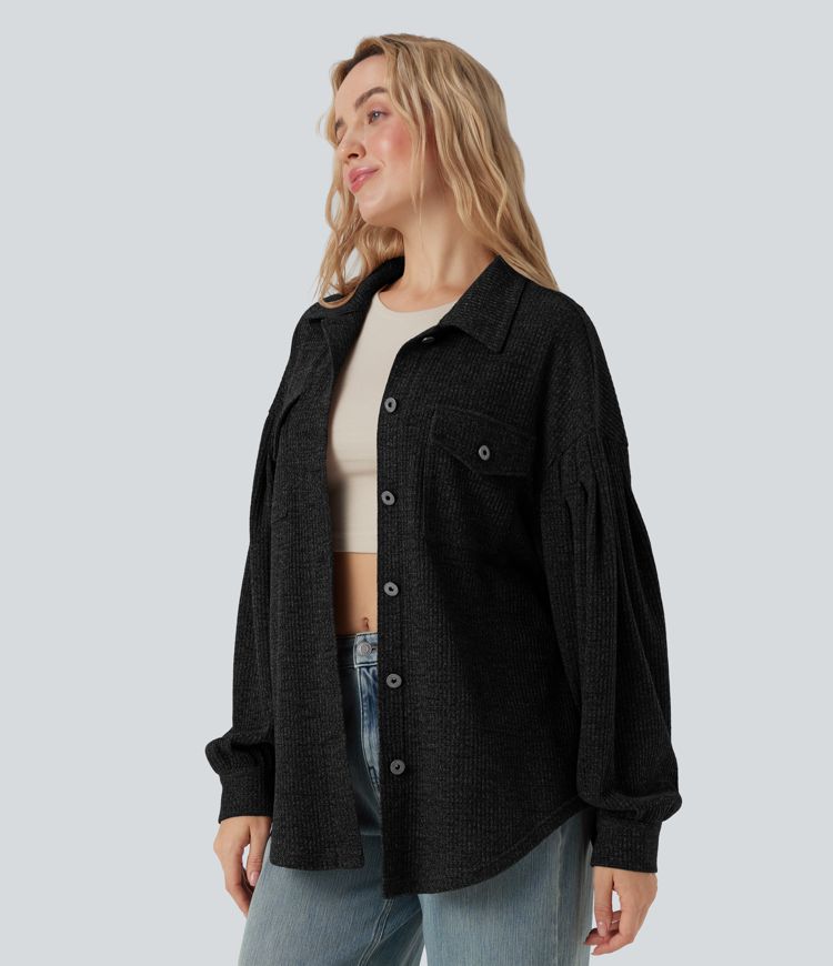 Long Sleeve Curved Hem Knit Waffle Casual Jacket with Pockets