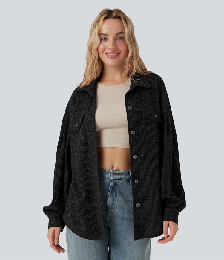 Long Sleeve Curved Hem Knit Waffle Casual Jacket with Pockets