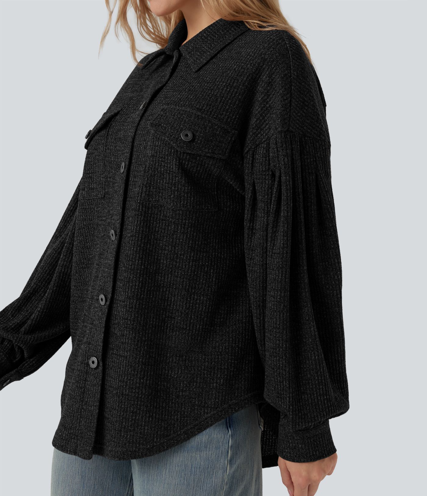 Long Sleeve Curved Hem Knit Waffle Casual Jacket with Pockets