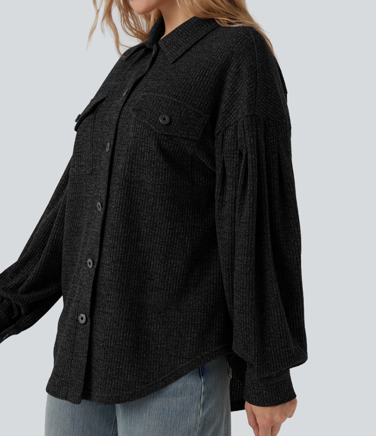 Long Sleeve Curved Hem Knit Waffle Casual Jacket with Pockets