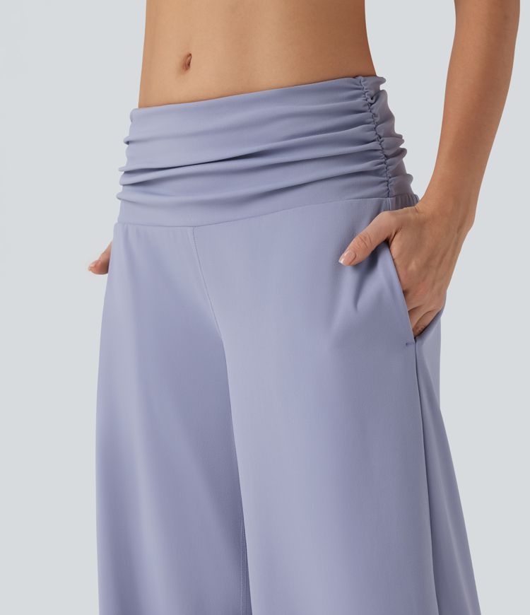 Low Rise Tummy Control Ruched Wide Leg Dance Pants with Pockets