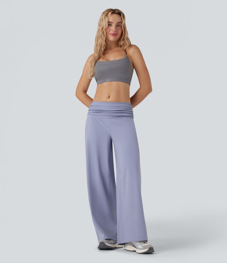 Low Rise Tummy Control Ruched Wide Leg Dance Pants with Pockets