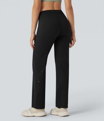 Mittelhoch geschnittene Kordelzug-Workout-Hose mit geradem Bein und Taschen