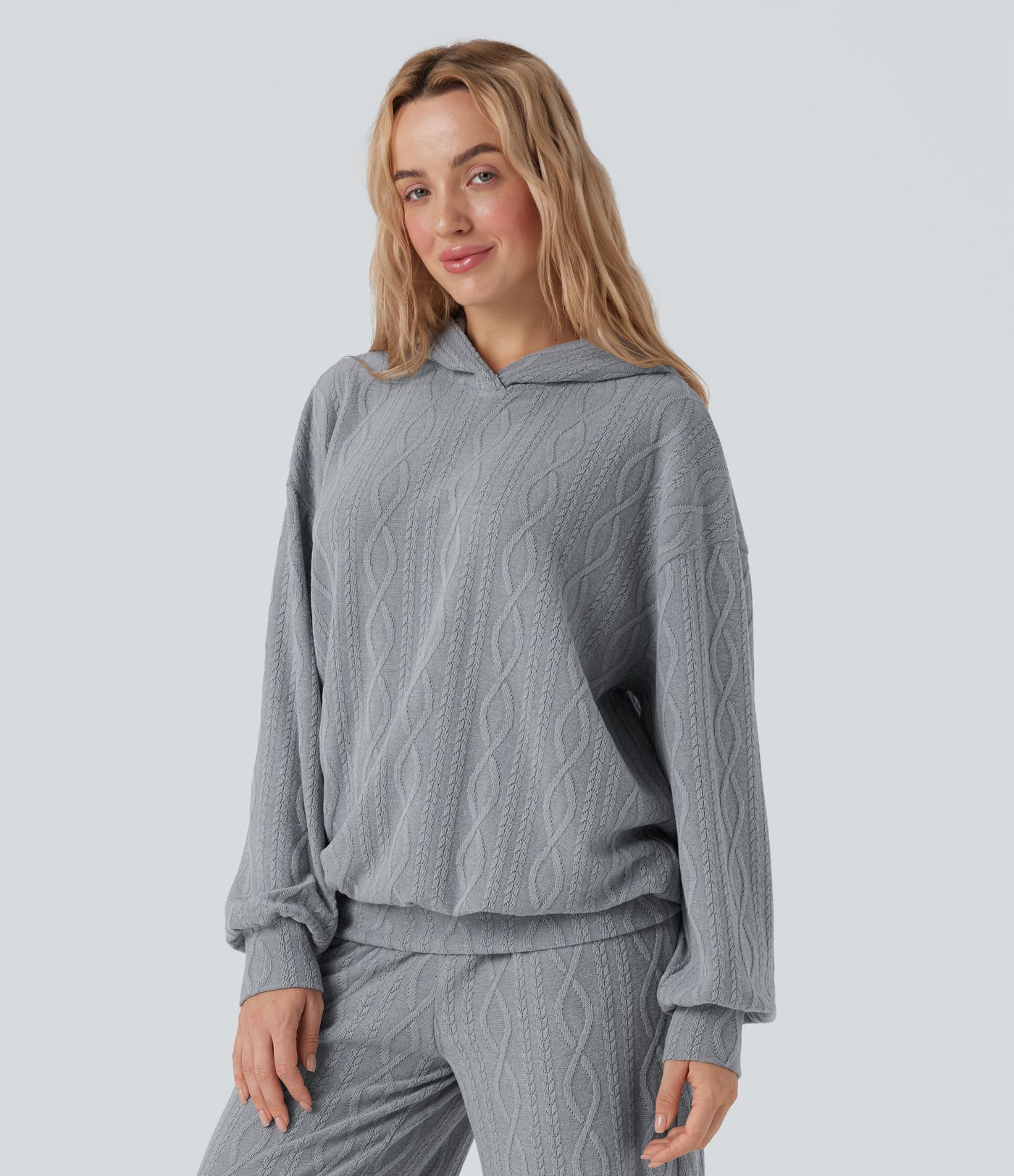 Hooded Long Sleeve Oversized Cable Knit Casual Sweatshirt