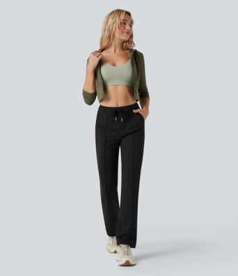 Mittelhoch geschnittene Kordelzug-Workout-Hose mit geradem Bein und Taschen