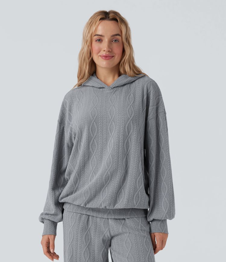 Hooded Long Sleeve Oversized Cable Knit Casual Sweatshirt