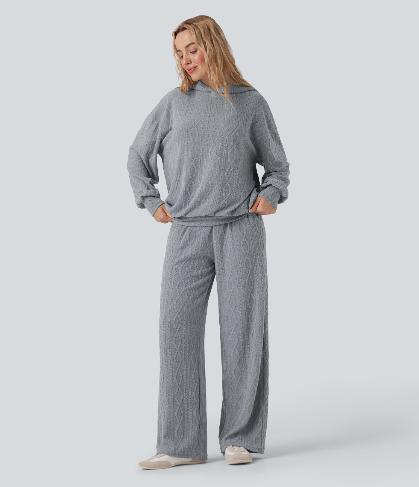 Hooded Long Sleeve Oversized Cable Knit Casual Sweatshirt