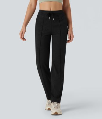 Mittelhoch geschnittene Kordelzug-Workout-Hose mit geradem Bein und Taschen