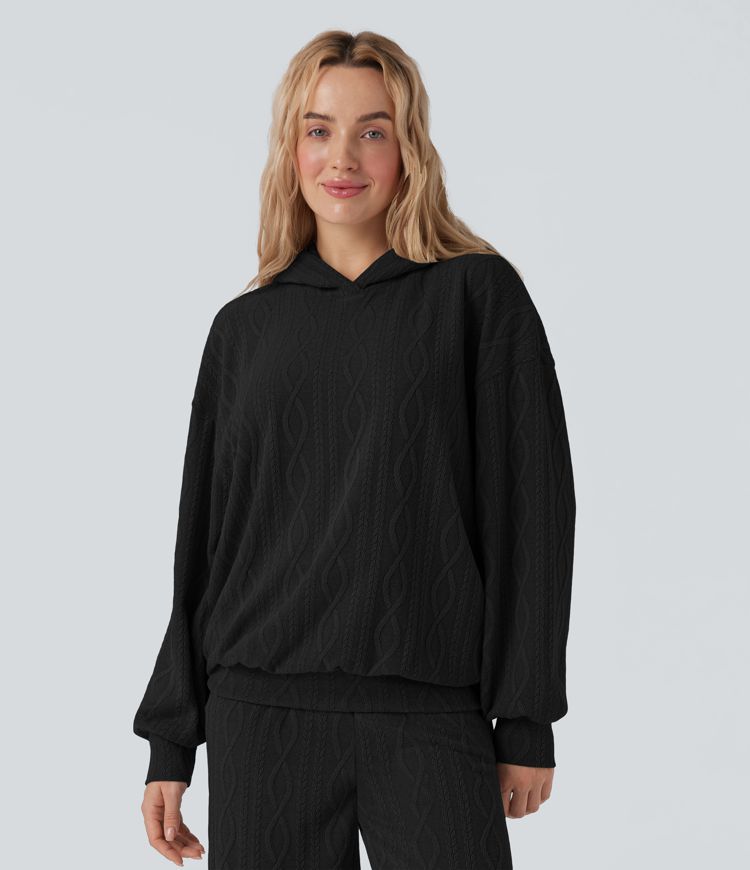 Hooded Long Sleeve Oversized Cable Knit Casual Sweatshirt