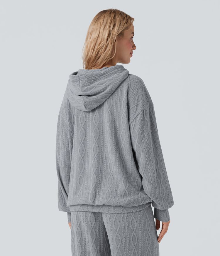 Hooded Long Sleeve Oversized Cable Knit Casual Sweatshirt