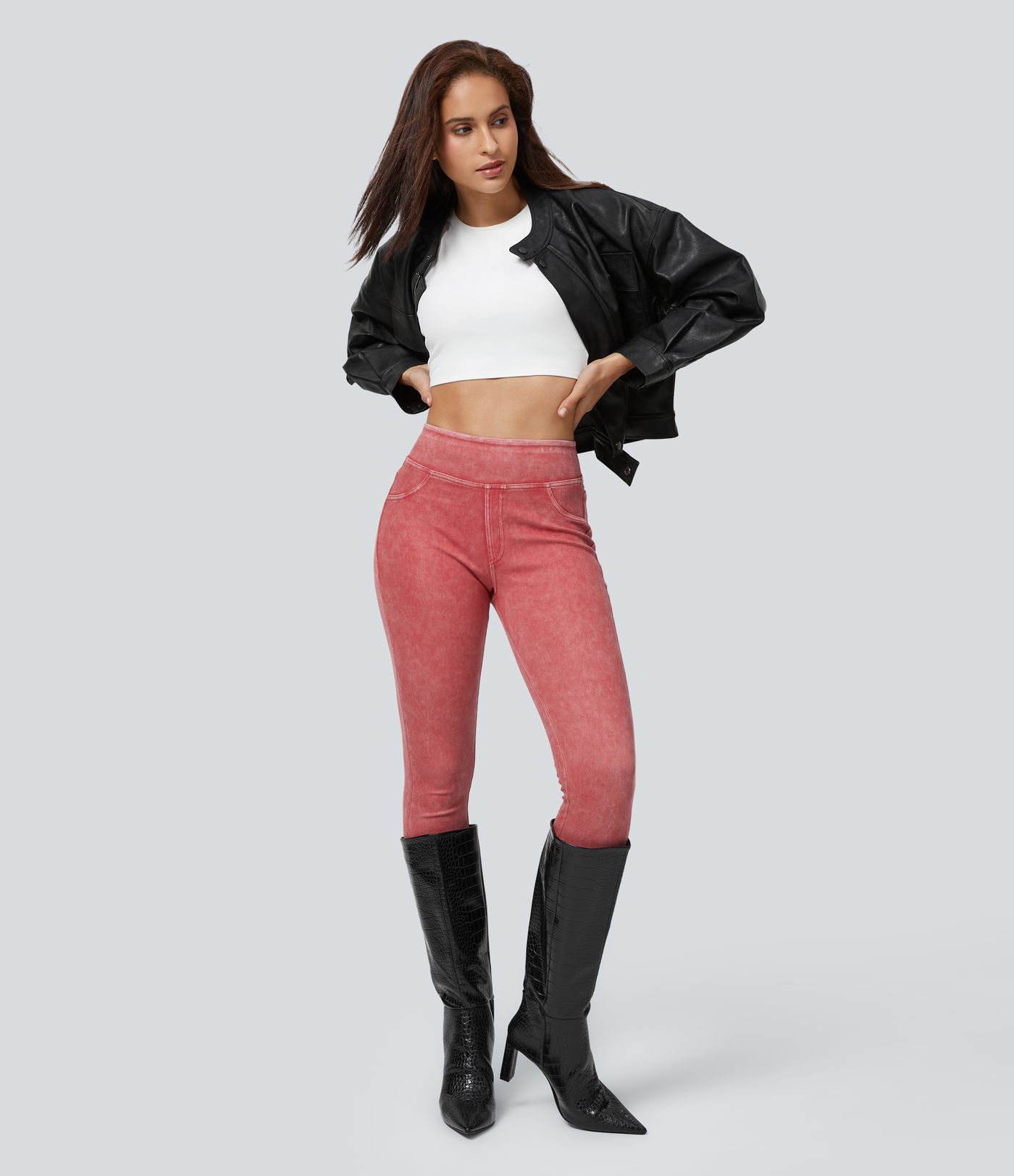 Leggings en Denim Casual Halara Flex™ Taille Haute avec Poches Colorés Leggings en Denim Casual Halara Flex™ Taille Haute avec Poches Colorés