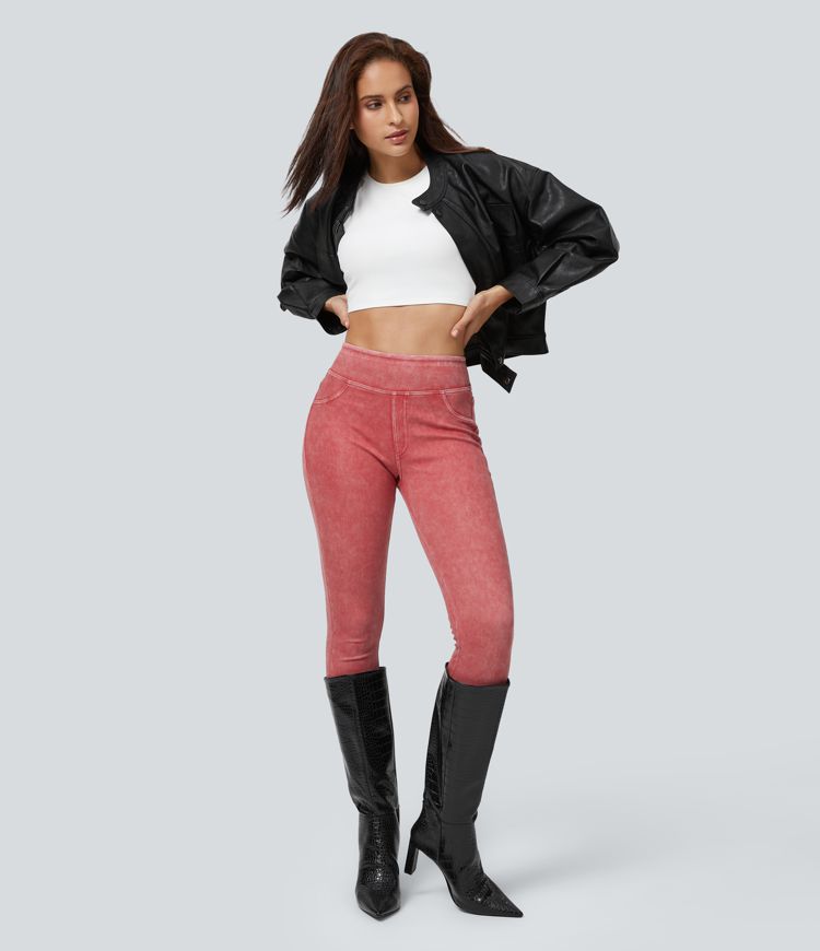Leggings en Denim Casual Halara Flex™ Taille Haute avec Poches Colorés Leggings en Denim Casual Halara Flex™ Taille Haute avec Poches Colorés