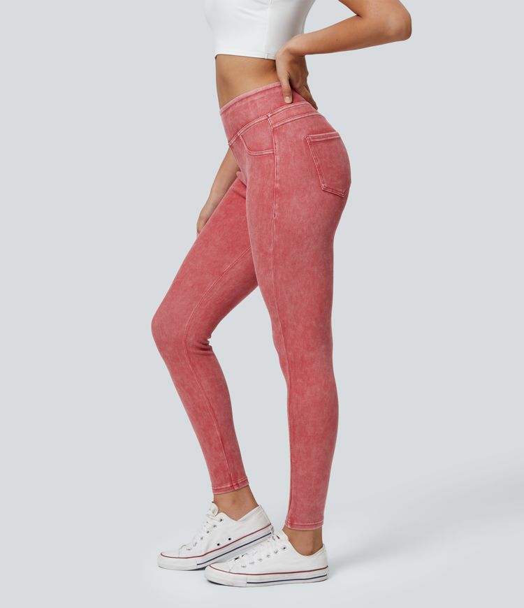 Leggings en Denim Casual Halara Flex™ Taille Haute avec Poches Colorés Leggings en Denim Casual Halara Flex™ Taille Haute avec Poches Colorés
