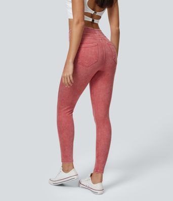 Leggings en Denim Casual Halara Flex™ Taille Haute avec Poches Colorés Leggings en Denim Casual Halara Flex™ Taille Haute avec Poches Colorés