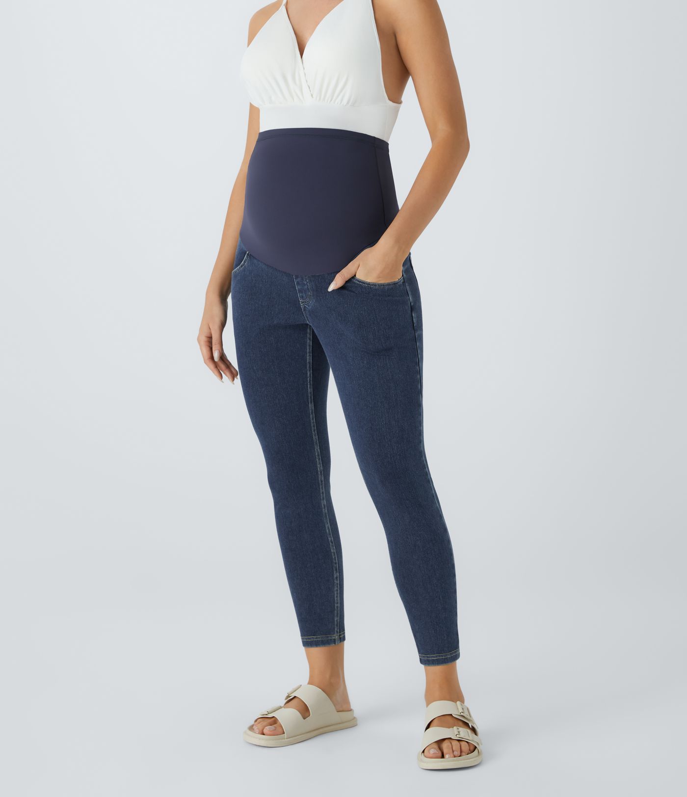 Halara Flex™ Super High Waisted Pockets Denim Maternity Casual 7/8 Leggings