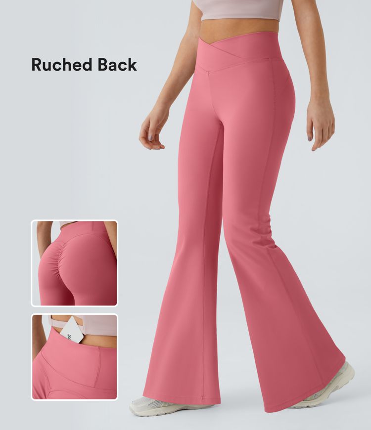 High Waisted Crossover Pocket Ruched Butt Lifting Yoga Leggings