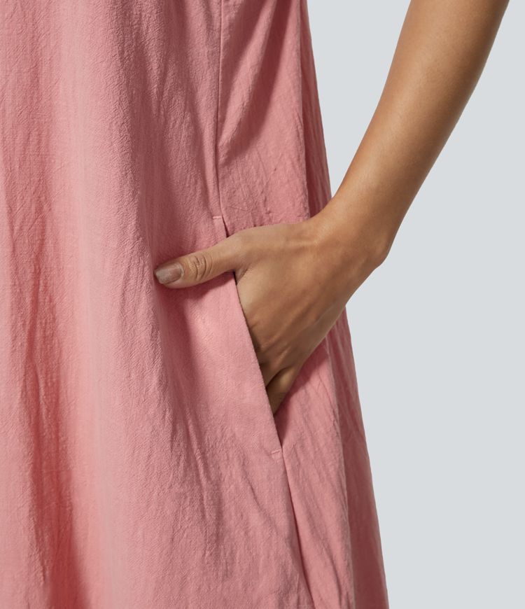 U Neck Sleeveless Flowy Maxi Casual Linen-Feel Dress with Pockets