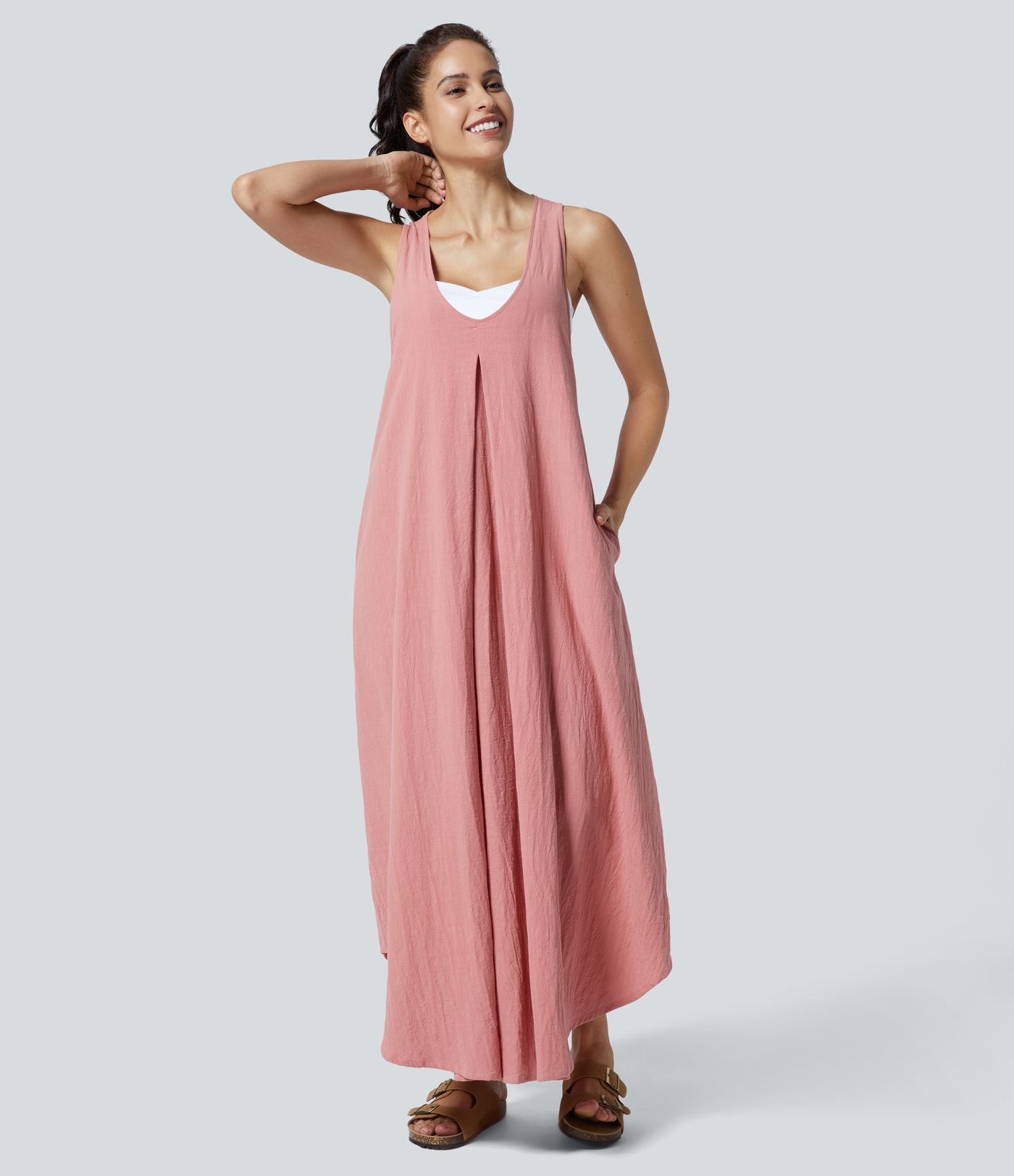 U Neck Sleeveless Flowy Maxi Casual Linen-Feel Dress with Pockets