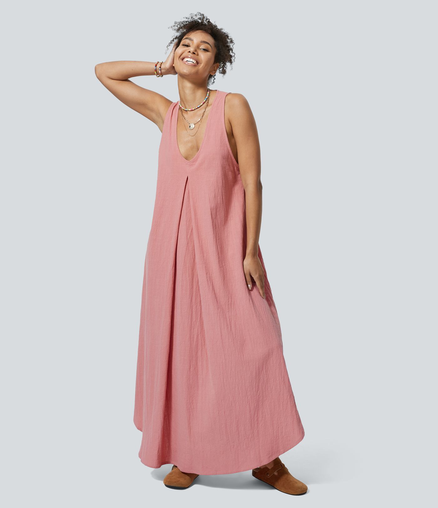 U Neck Sleeveless Flowy Maxi Casual Linen-Feel Dress with Pockets