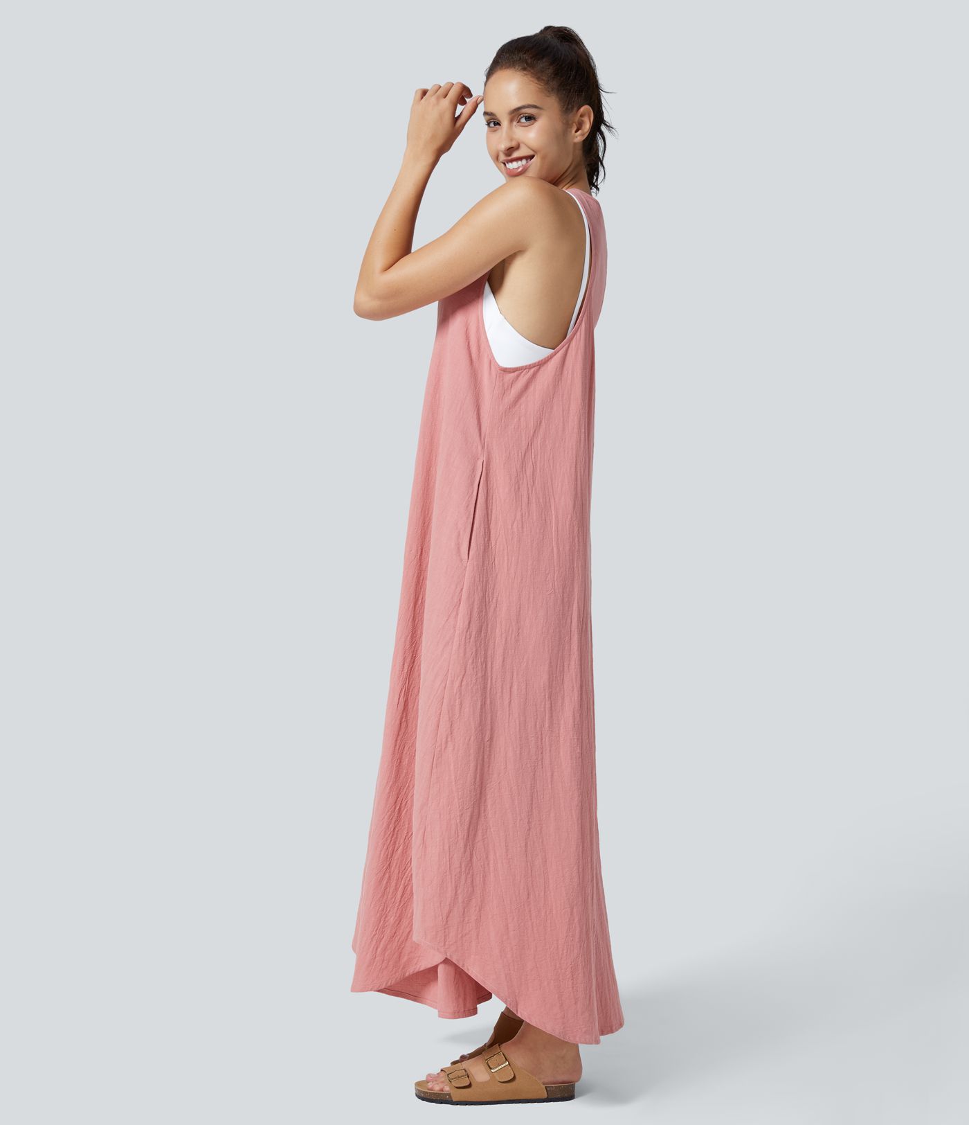 U Neck Sleeveless Flowy Maxi Casual Linen-Feel Dress with Pockets