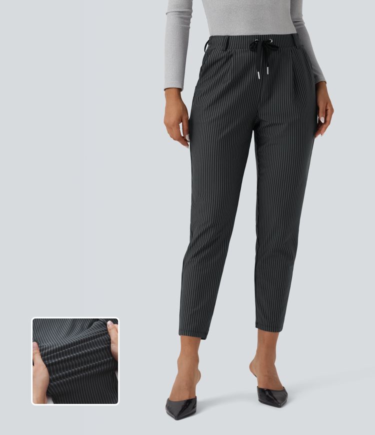 Mid Rise Drawstring Tapered Stripe Work Pants with Pockets