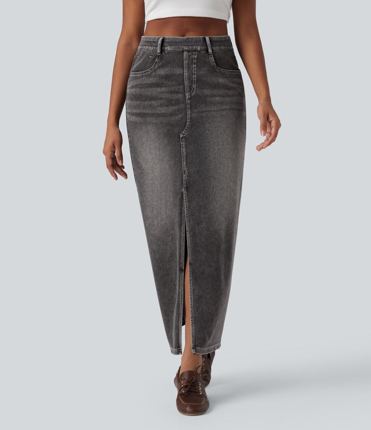 Halara Flex™ High Waisted Washed Denim Straight Maxi Casual Skirt with Pockets