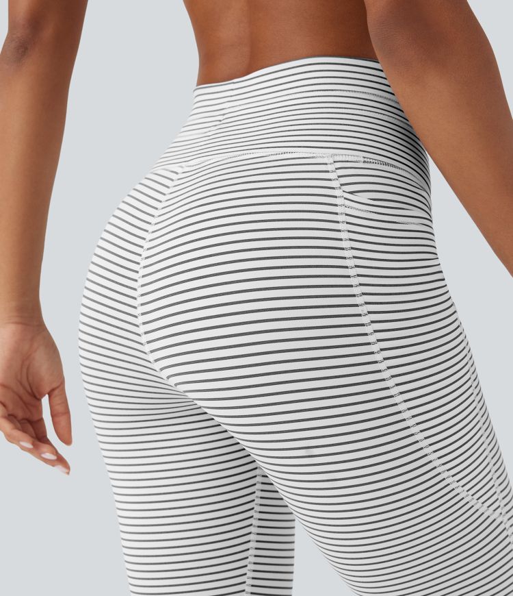 High Waisted Drawstring Striped Yoga Leggings with Pockets