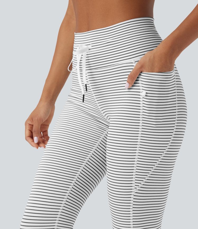 High Waisted Drawstring Striped Yoga Leggings with Pockets