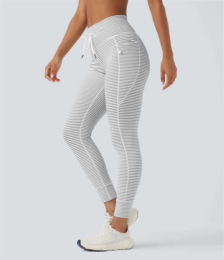 High Waisted Drawstring Striped Yoga Leggings with Pockets