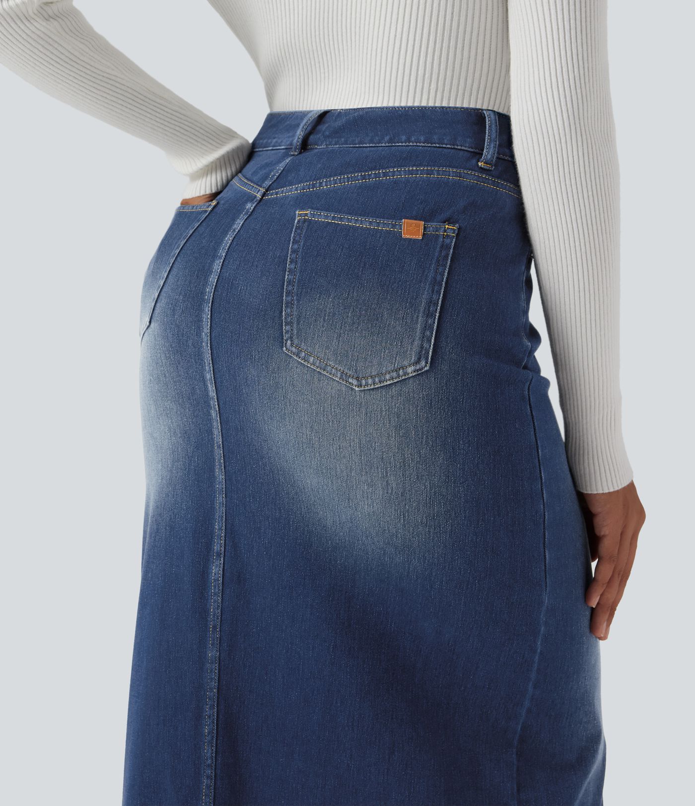 Halara Flex™ High Waisted Washed Denim Straight Maxi Casual Skirt with Pockets