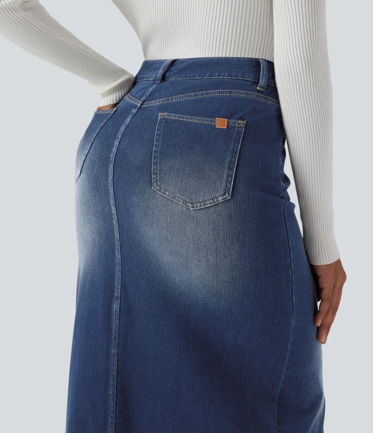 Halara Flex™ High Waisted Washed Denim Straight Maxi Casual Skirt with Pockets
