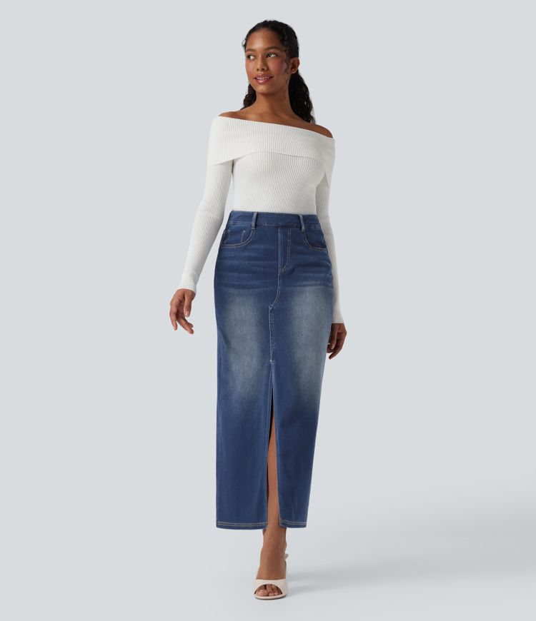 Halara Flex™ High Waisted Washed Denim Straight Maxi Casual Skirt with Pockets