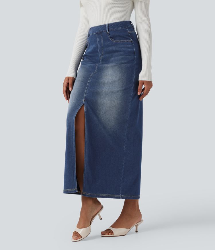 Halara Flex™ High Waisted Washed Denim Straight Maxi Casual Skirt with Pockets