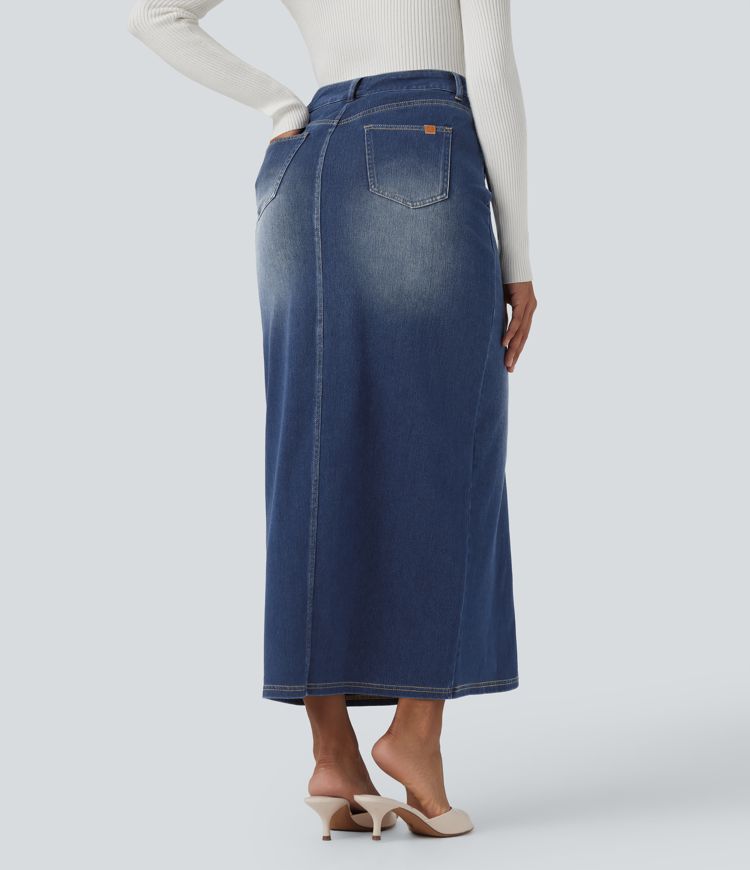 Halara Flex™ High Waisted Washed Denim Straight Maxi Casual Skirt with Pockets