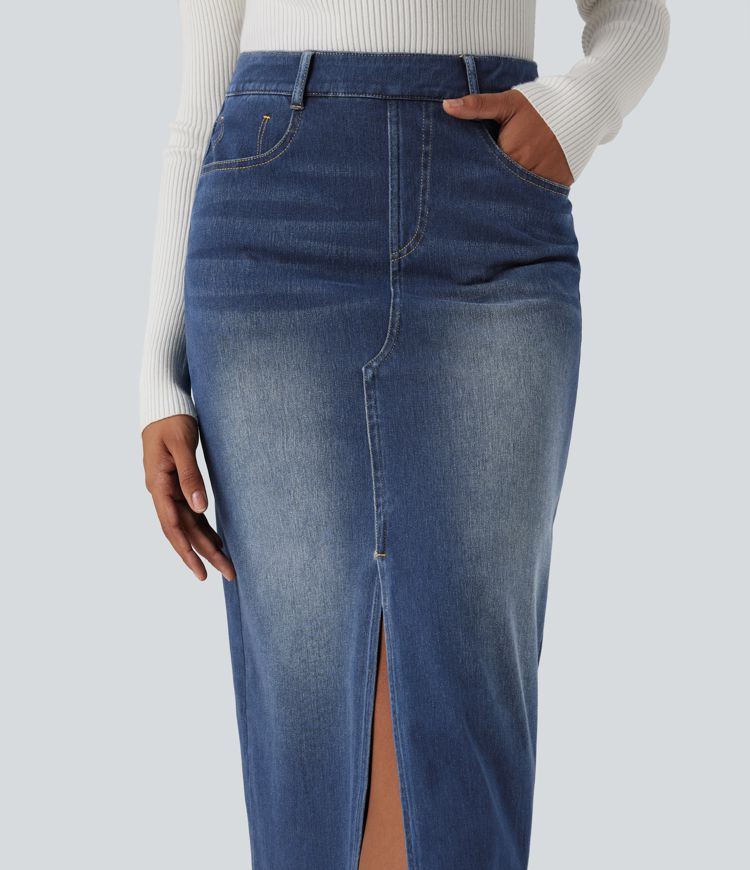 Halara Flex™ High Waisted Washed Denim Straight Maxi Casual Skirt with Pockets