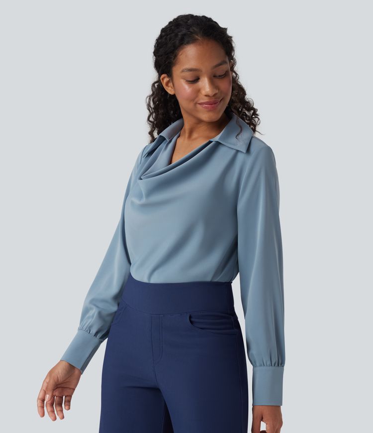 Anti-Wrinkle Cowl Neck Long Sleeve Work Shirt