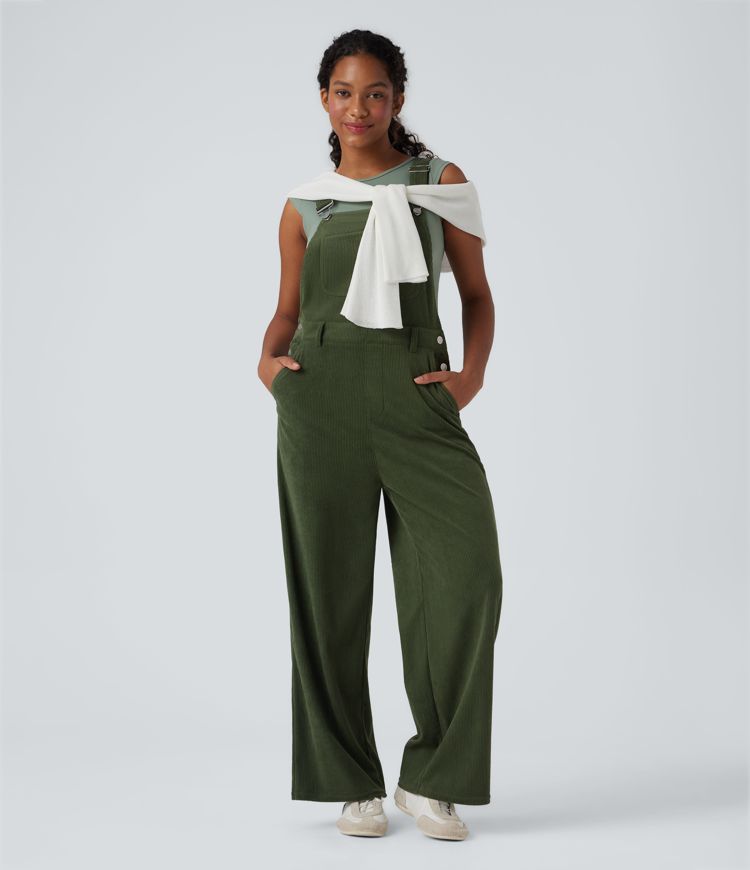 Corduroy Straight Leg Casual Dungarees with Pockets