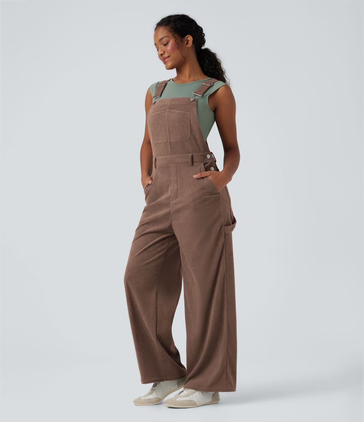 Corduroy Straight Leg Casual Overalls with Pockets