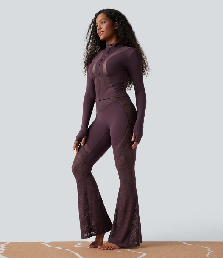 SoftlyZero™ Long Sleeve Thumb Hole Contrast Lace Yoga Jacket-UPF50+