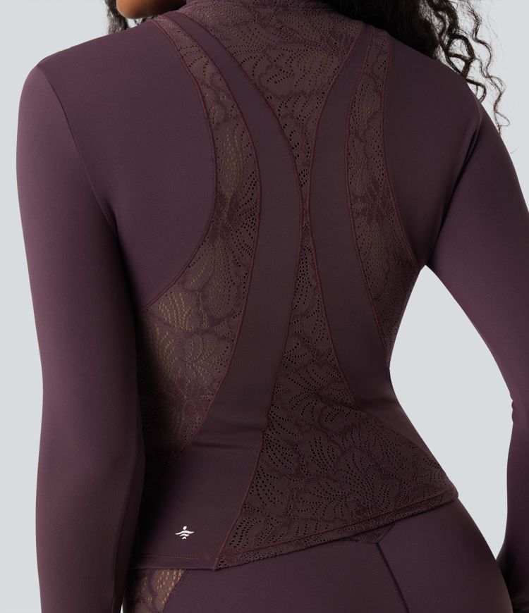 SoftlyZero™ Long Sleeve Thumb Hole Contrast Lace Yoga Jacket-UPF50+