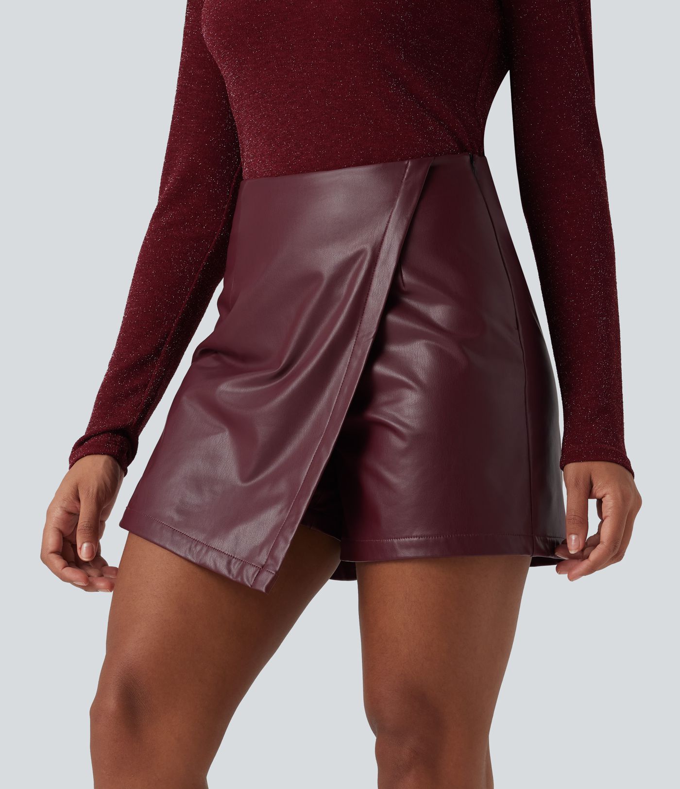 High Waisted Mini Fleece Casual PU Faux Leather Skort