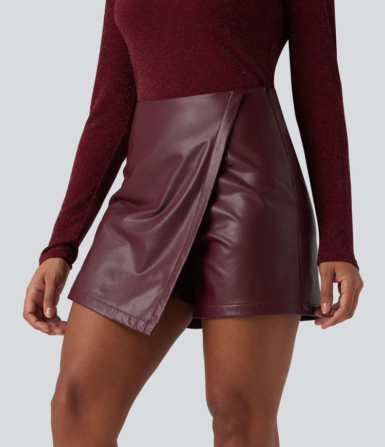 High Waisted Mini Fleece Casual PU Leather Skort