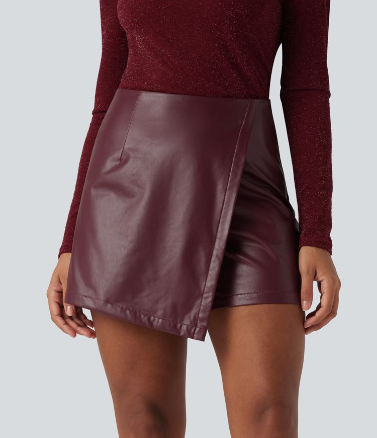 High Waisted Mini Casual PU Leather Skort