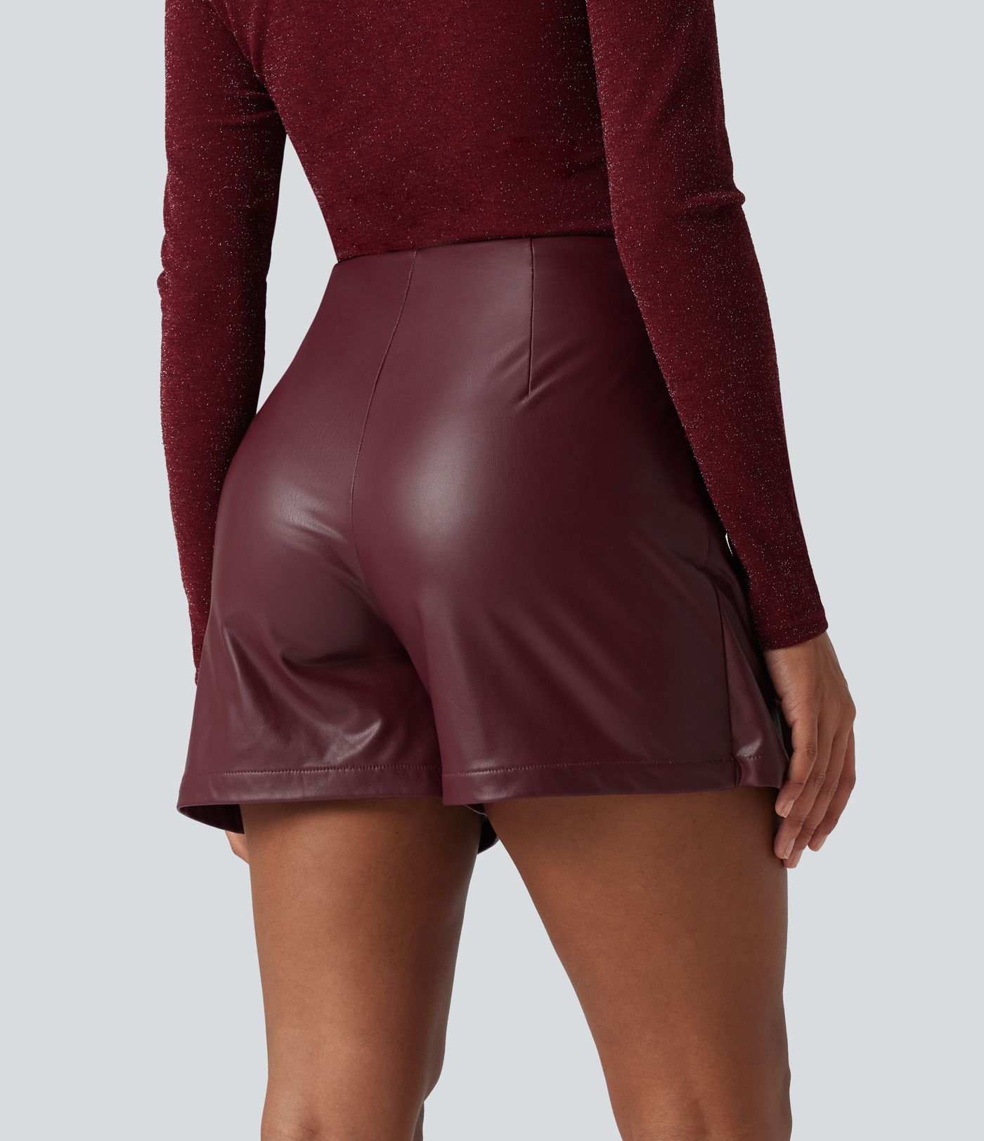 High Waisted Mini Fleece Casual PU Faux Leather Skort
