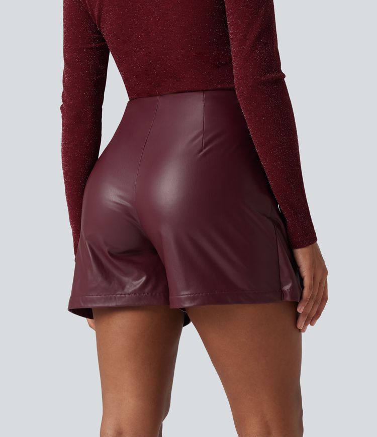 High Waisted Mini Fleece Casual PU Leather Skort