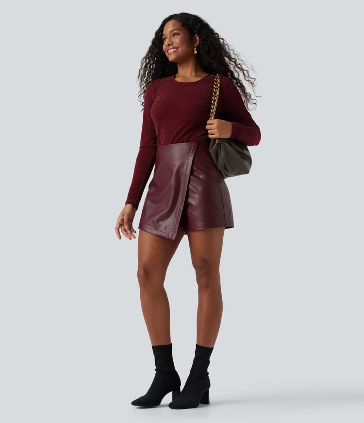 High Waisted Mini Fleece Casual PU Leather Skort