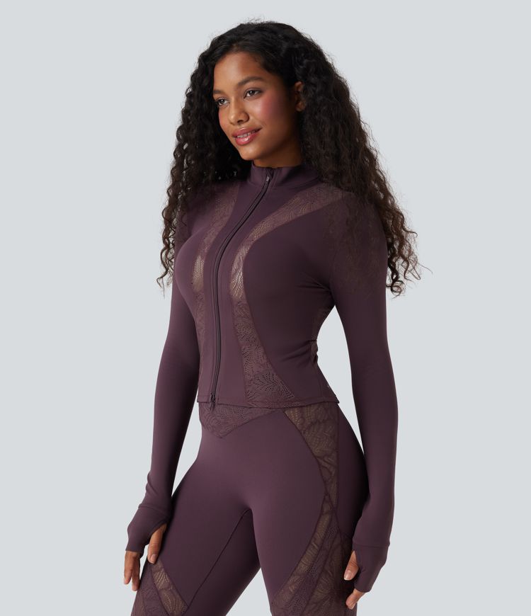 SoftlyZero™ Long Sleeve Thumb Hole Contrast Lace Yoga Jacket-UPF50+