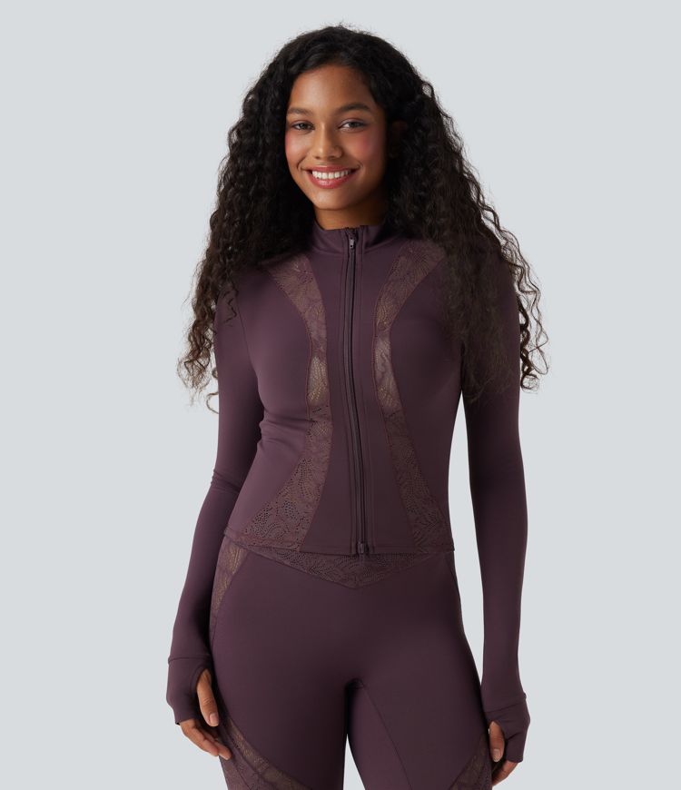 SoftlyZero™ Long Sleeve Thumb Hole Contrast Lace Yoga Jacket-UPF50+