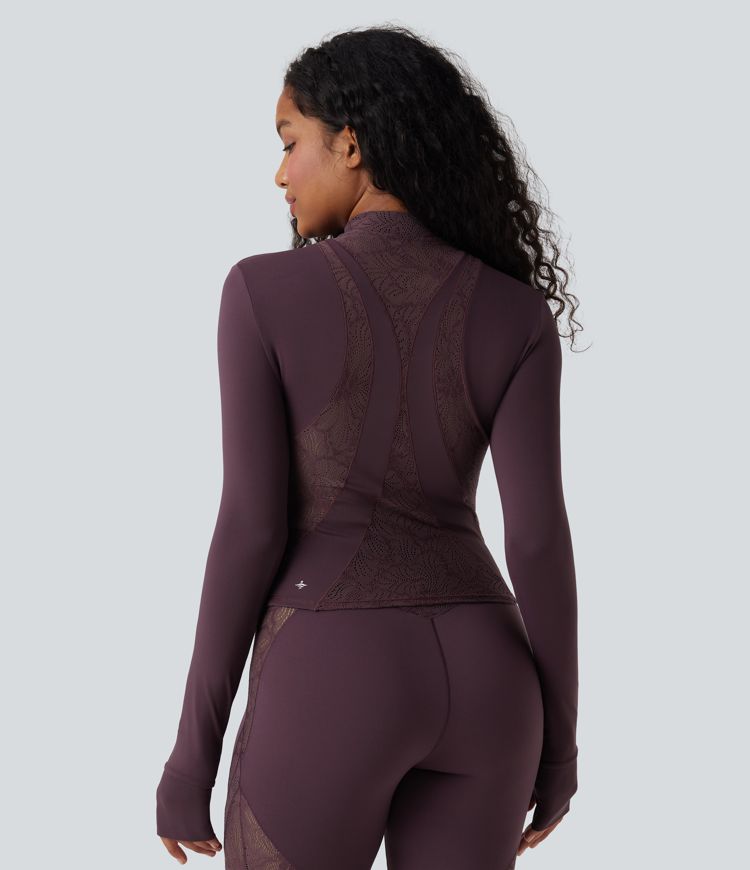 SoftlyZero™ Long Sleeve Thumb Hole Contrast Lace Yoga Jacket-UPF50+