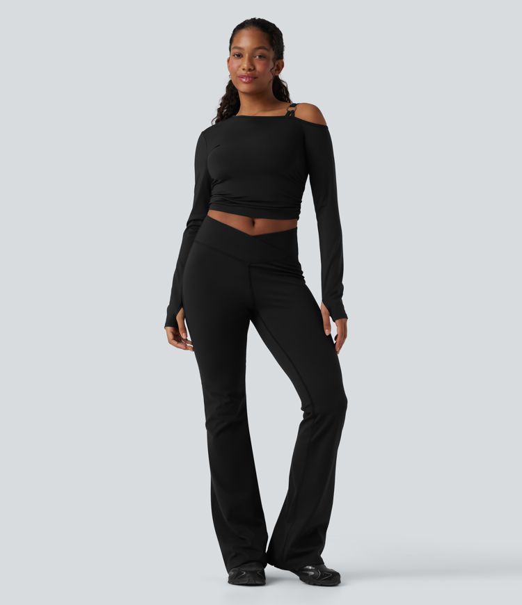 SoftlyZero™ Airy One Shoulder Long Sleeve Thumb Holes Ruched  Yoga SportsTop-UPF50+